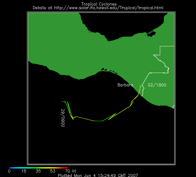 Trajectoire tempete tropicale Barbara