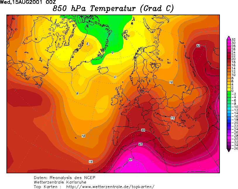 Carte temperature 850 hPa Mercredi 15 Aout 2001 00h