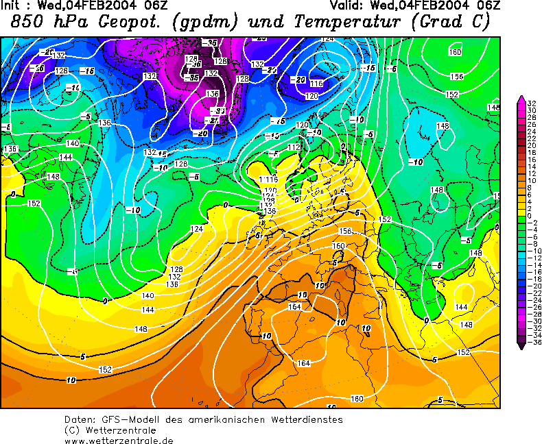 Carte temperatures 850 hPa Mercredi 4 Fevrier 2004