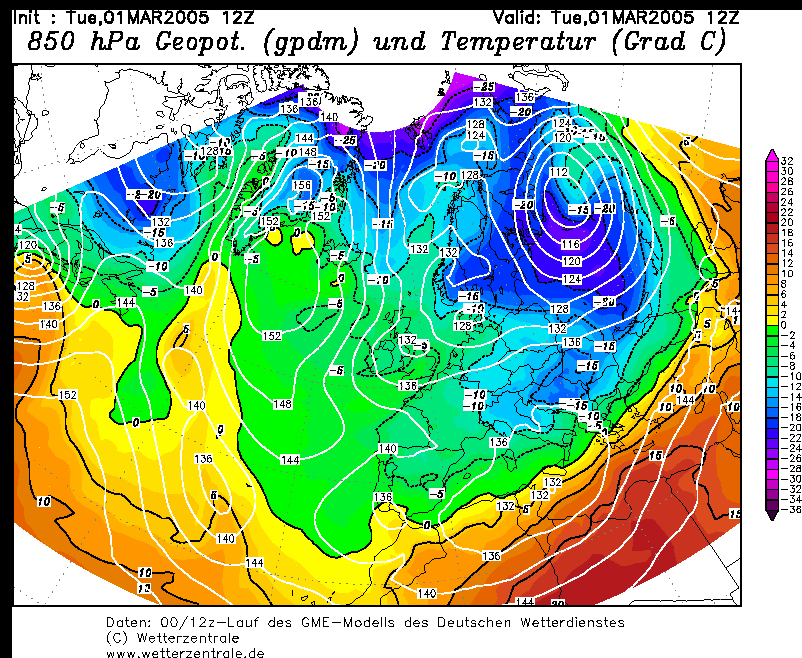 Carte temperatures 850 hPa Mardi 1er Mars 2005