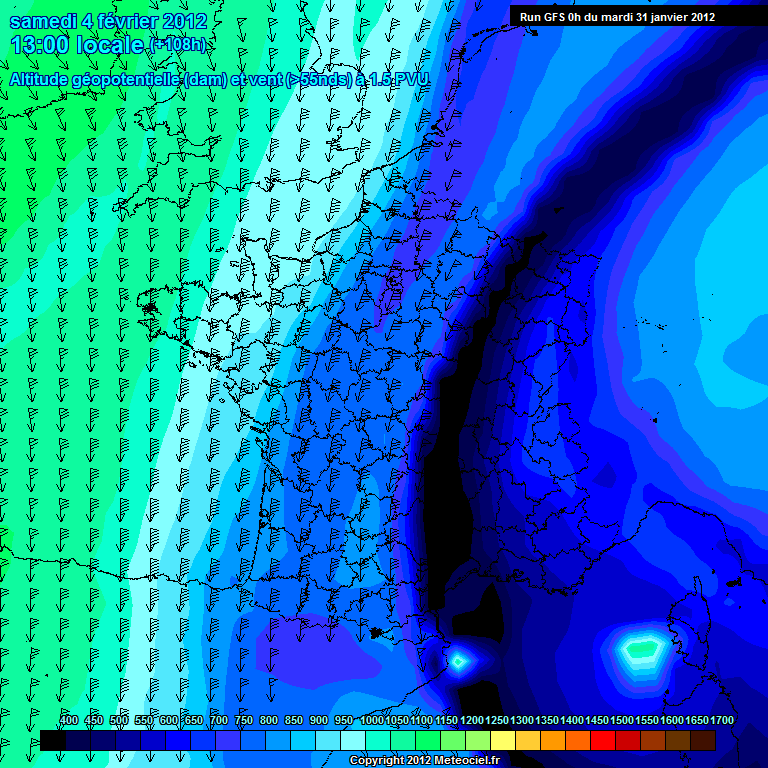 Previsions anomalie de tropopause GFS 00h pour Samedi 4 Fvrier 2012