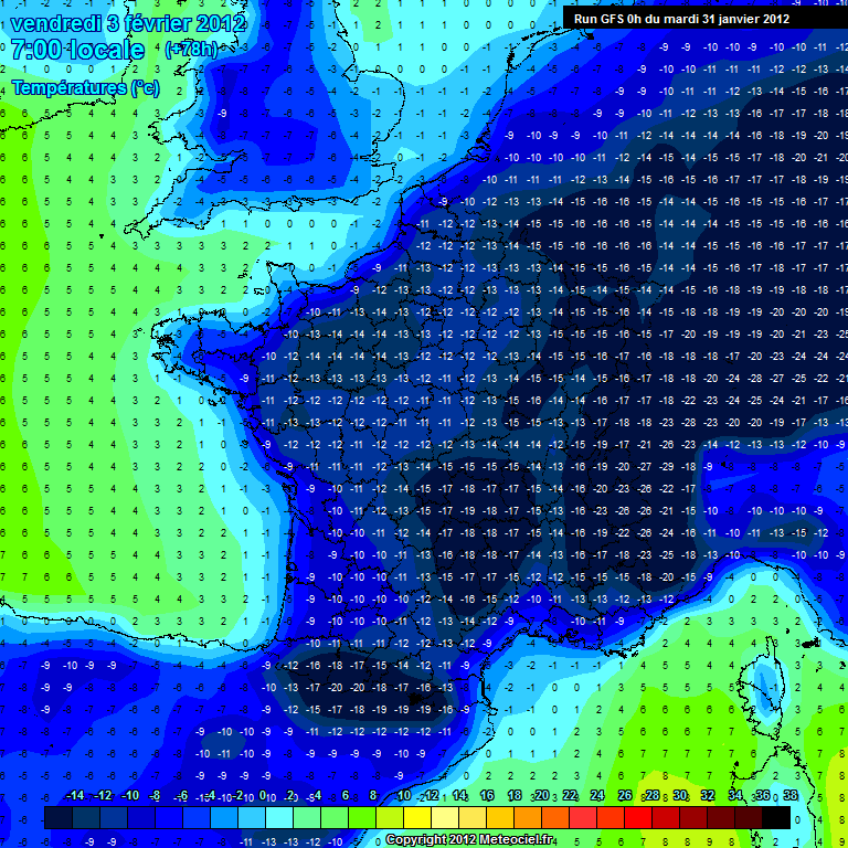 Previsions tempratures GFS 00h pour Vendredi 3 Fvrier 2012