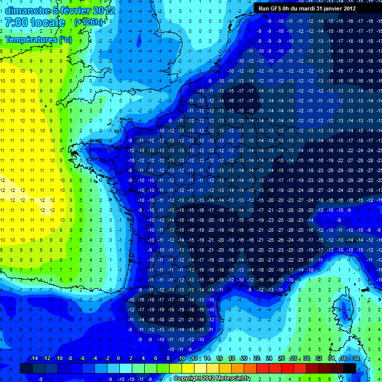 Prvisions tempratures GFS 00h pour Dimanche 5 Fvrier 2012