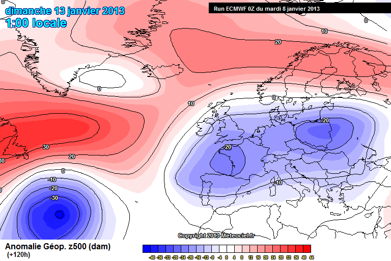 Previsions tempratures 500 hPa 13 Janvier 2013