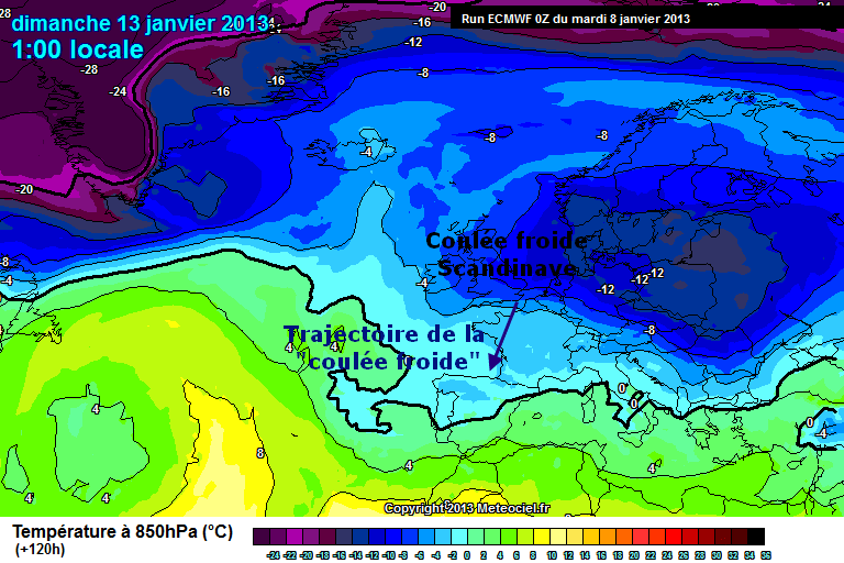 Previsions tempratures 850 hPa France 13 Janvier 2013