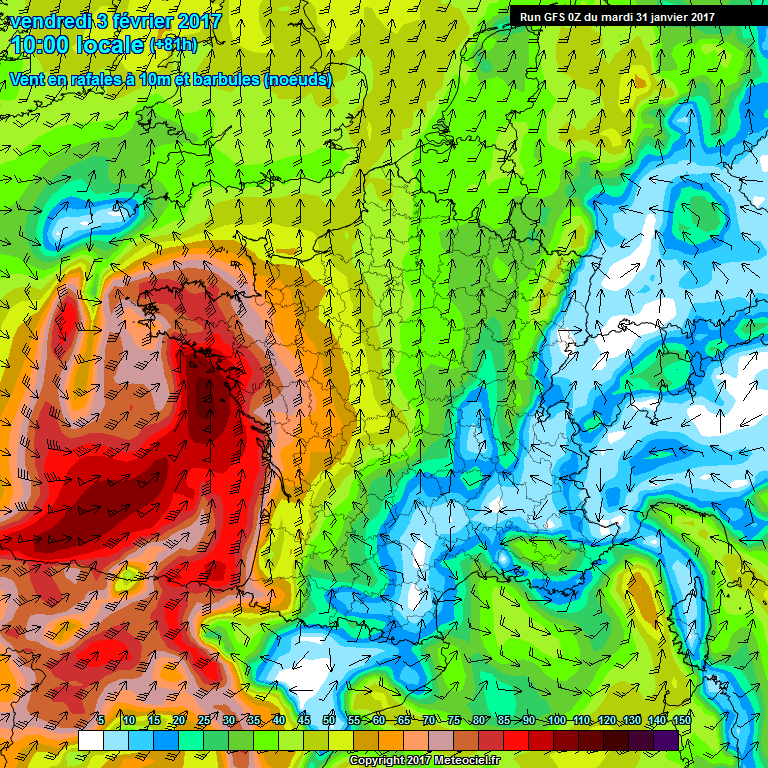 Rafales vent previsions 10h Vendredi 3 Fevrier 2017