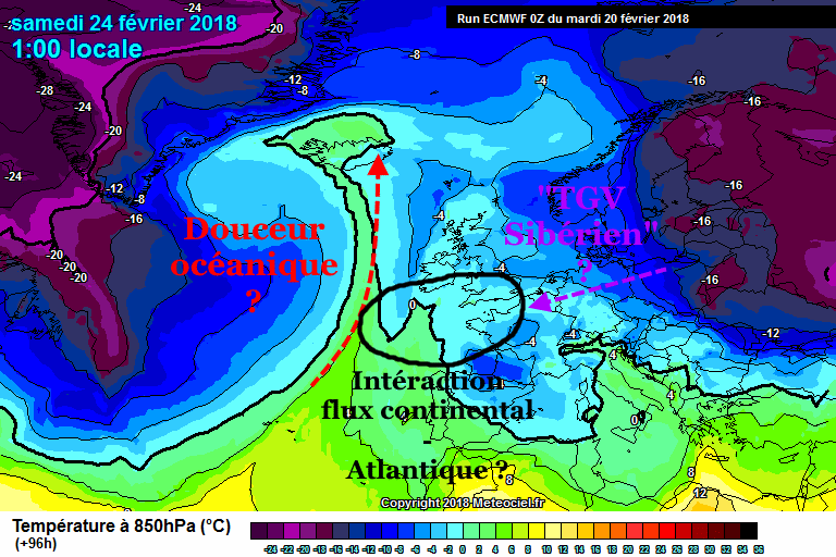 Prvisions Temprature 850hPa 24 Fvrier 2018