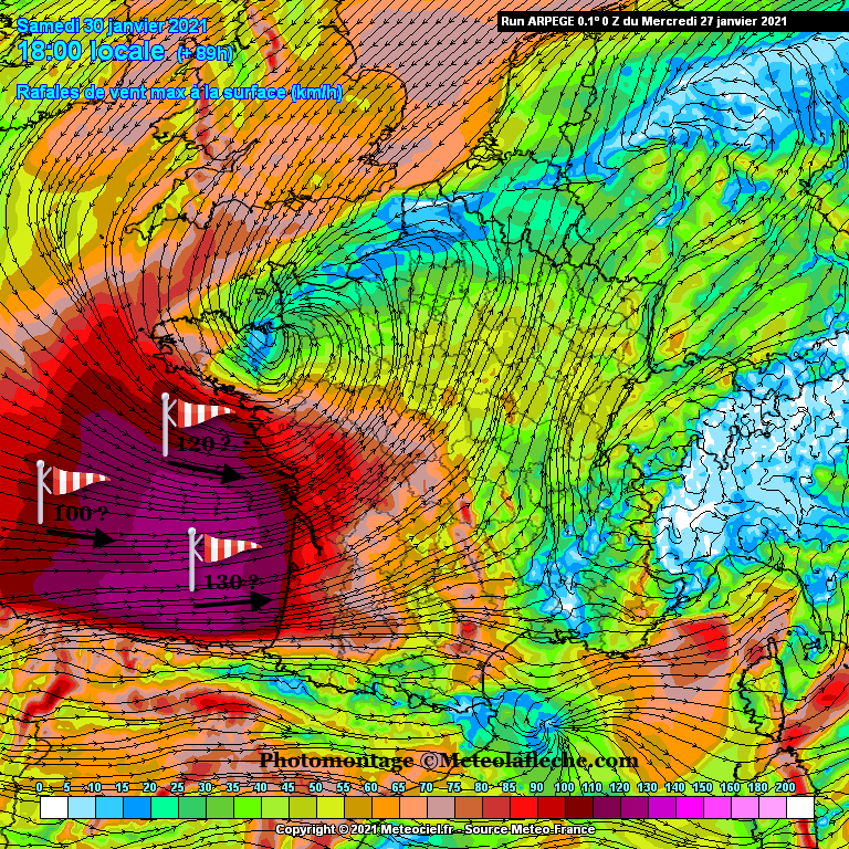 Prévisions vent Justine 30 Janvier 2021 18h Arpege