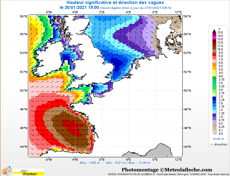 Prévisions hauteur vagues Justine 30 Janvier 2021 19h Ifremer