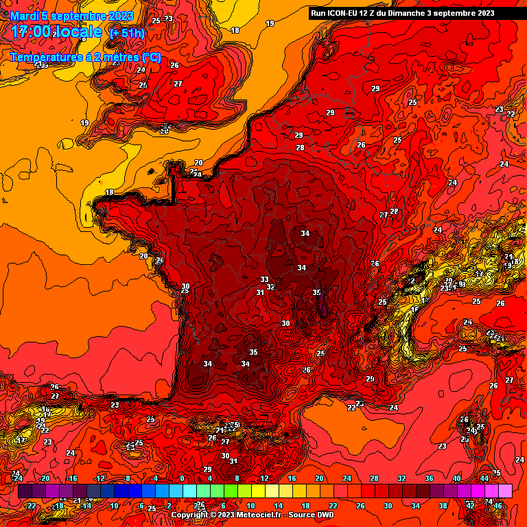 Météo températures France Mardi 5 Septembre 2023