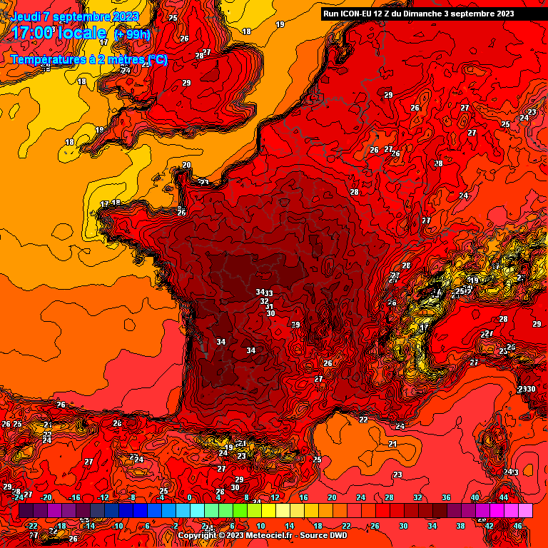 Météo Jeudi 7 Septembre 2023 France températures prévues 17h 